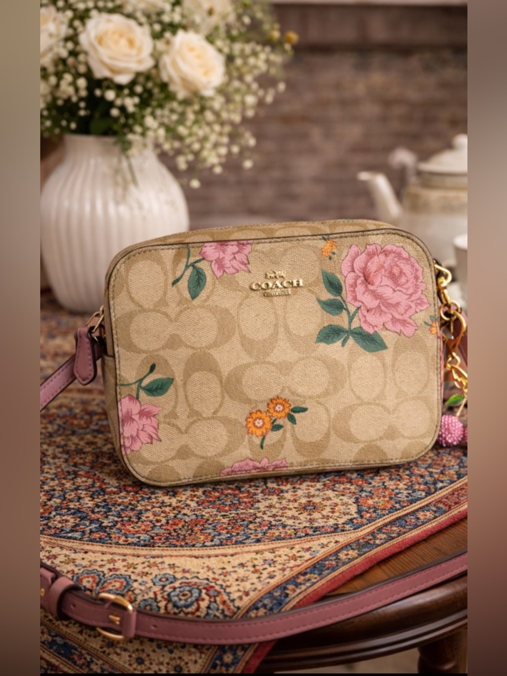 Coach Beige Signature Canvas Crossbody with Pink Floral Print